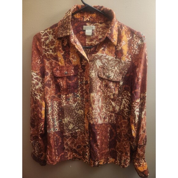 Lucky Brand 100% Silk Button Up Blouse Long Sleeve Rustic Western Size S - Picture 1 of 4